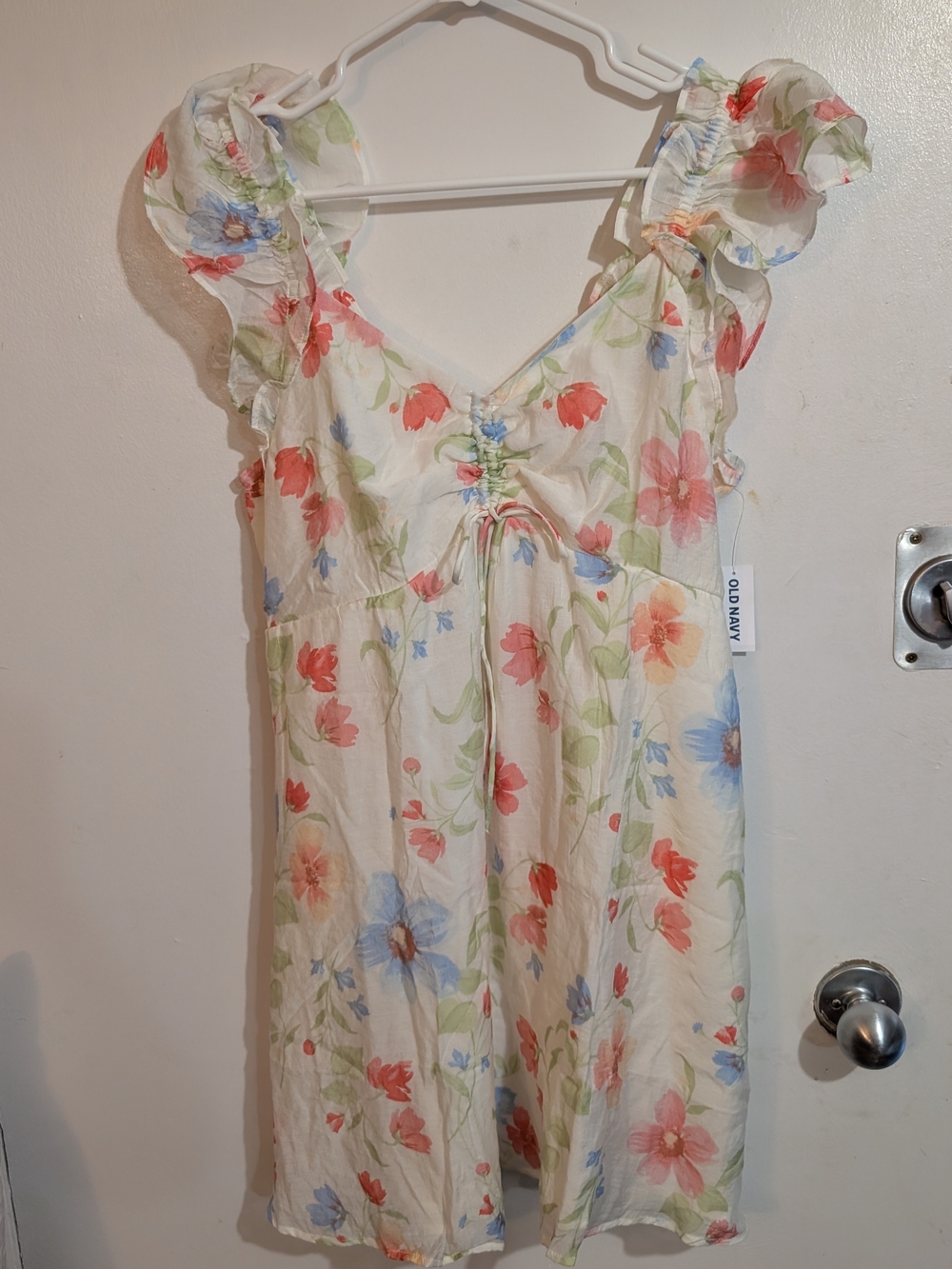 Old Navy Cream Floral Ruffle-Shoulder Sundress with Pink, Blue & Green Flowers L